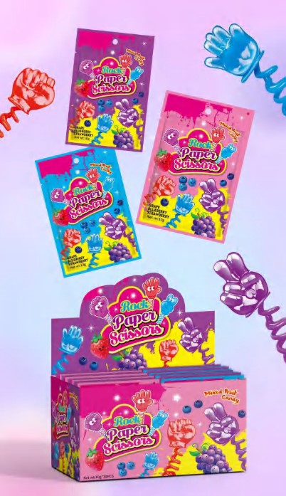 Rock Paper Scissors Lollipop with Popping Candy, Halal, Mixed Fruit, OEM Supported