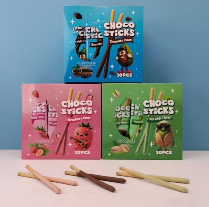Sweetened Chocolate Biscuit Sticks Coated Cookies Snacks for Kids Crispy and Box Packaged