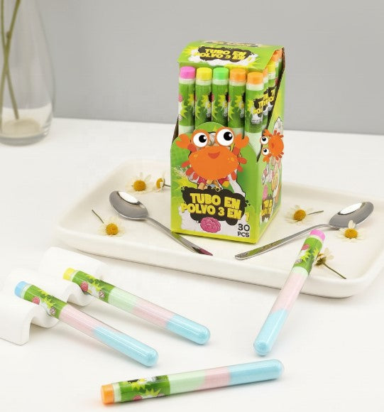 Mixed Fruity Flavors 3-in-1 Sour Powder Tube Candy Sweet Acidic Taste Cartoon Ball Pattern Test Tube Box include Sugar Fruit