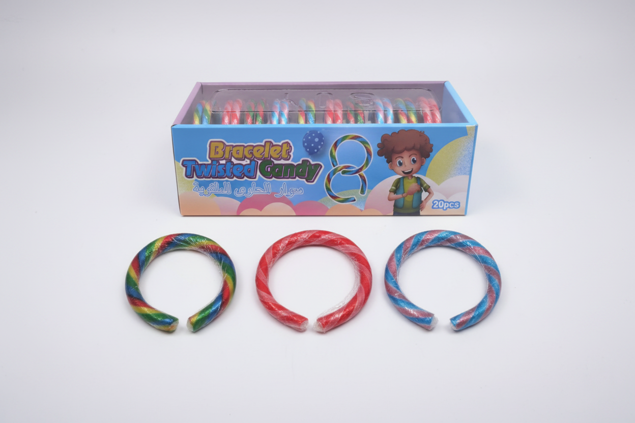 Box of Bracelet Twisted Candy with three colorful bracelets displayed in front.