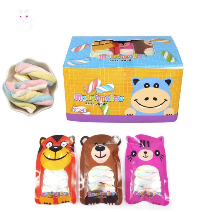 Wholesale Halal Fruity Snacks Soft Mini Marshmallow Sticks Animal Twist Marshmallows Candy