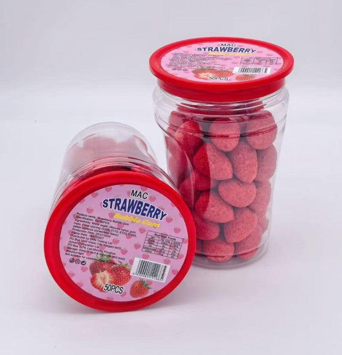 Chinese Candy Factory 3D Strawberry Shape Bubble Gum with Jam Filling Red Jar Packed Halal Certified Custom Packaging Wholesale