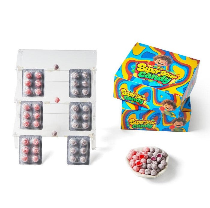 Super Sour Candy packaging with candy in a bowl on a white background